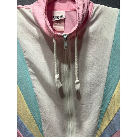 Vintage 80s Teddi Sport Pastel Pink Bone White Full Zip Windbreaker Size L - Picture 4 of 10